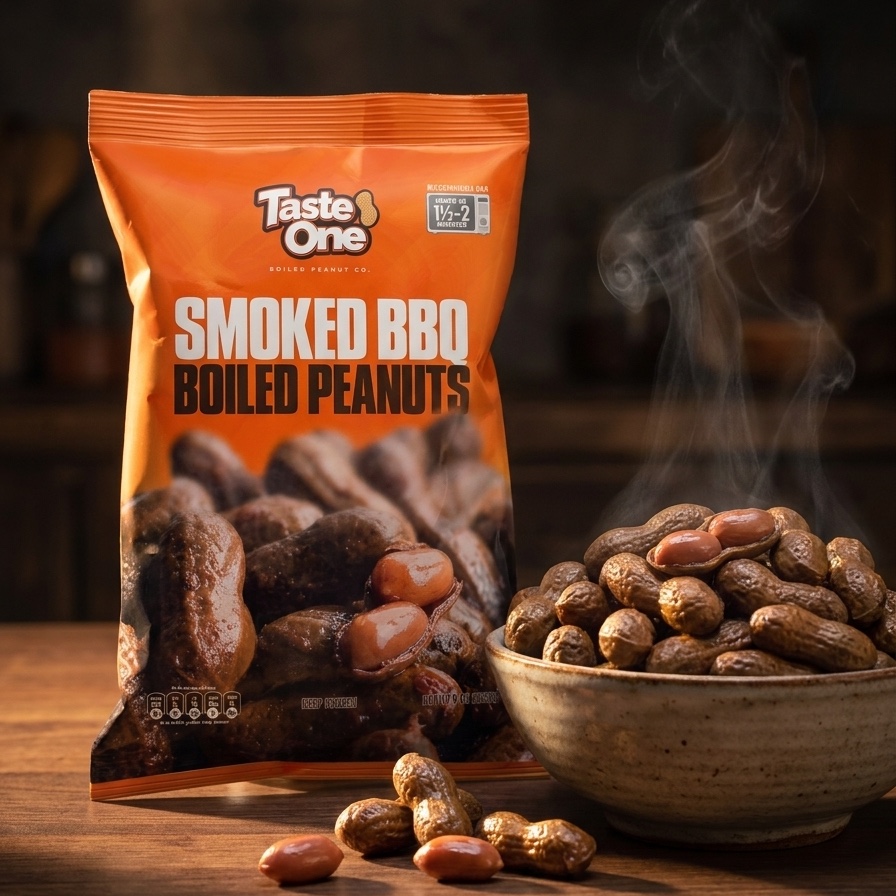 Taste One Smoked BBQ Boiled Peanuts bag beside a steaming bowl of boiled peanuts